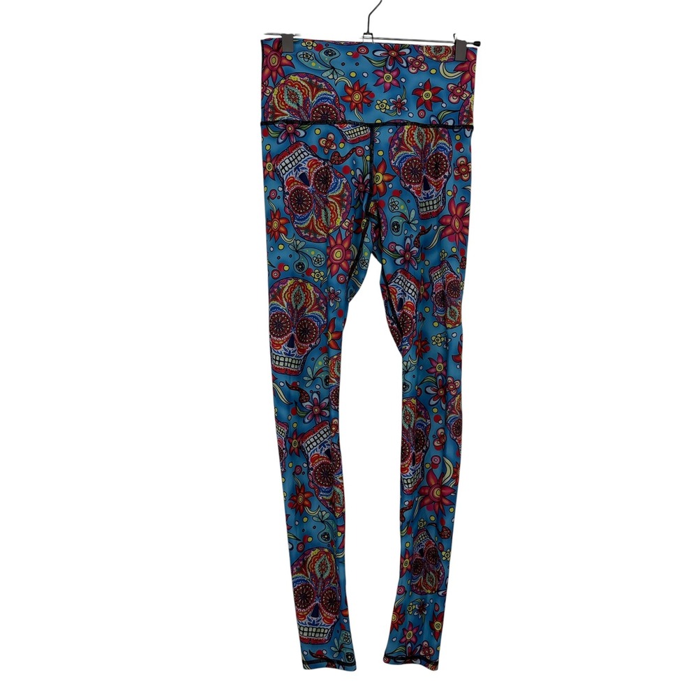 Yoga Democracy  Leggings Womens Small Blue Sugar Skull Floral Print High Waist
